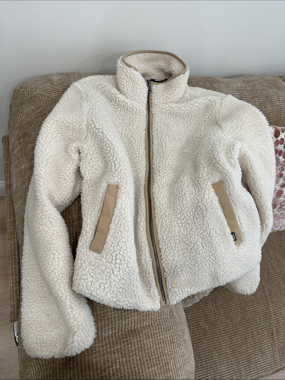 Vans Cream Sherpa Zip-Up Jacket with Tan Trim